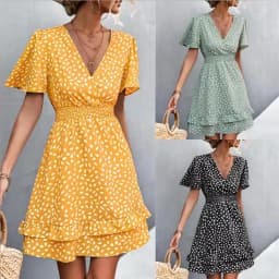 Women's Sexy V-Neck Mini Dress Floral Print Slim Fit Short Elegant Dress with Lotus Leaf Sleeves Fashionable Female Attire