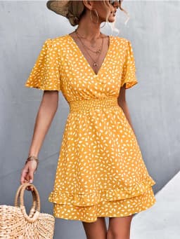 Women's Sexy V-Neck Mini Dress Floral Print Slim Fit Short Elegant Dress with Lotus Leaf Sleeves Fashionable Female Attire