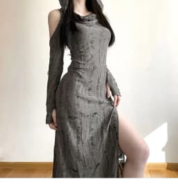 Bodycon Slim Vintage Mermaid Hooded Style Off Shoulder Design Dress Vestidos De Mujer Maxi Women Gyaru Acubi Alt Grunge