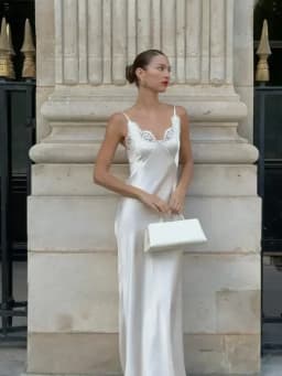 Women V-neck Satin Sling Maxi Dress Sexy White Lace Patchwork Sleeveless Backless Slim Gowns 2026 Evening Party Chic Dresses New