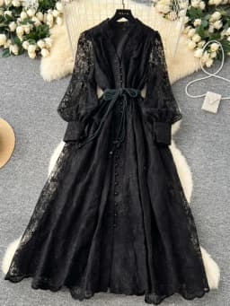 High-End Women's Dress Heavy Embroidery A-Line Long Skirt V-Neck Lantern Sleeve Single Button High Waist Korean Style Commute