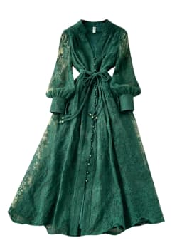 High-End Women's Dress Heavy Embroidery A-Line Long Skirt V-Neck Lantern Sleeve Single Button High Waist Korean Style Commute