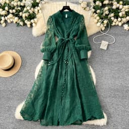 High-End Women's Dress Heavy Embroidery A-Line Long Skirt V-Neck Lantern Sleeve Single Button High Waist Korean Style Commute