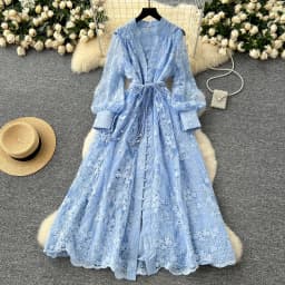 High-End Women's Dress Heavy Embroidery A-Line Long Skirt V-Neck Lantern Sleeve Single Button High Waist Korean Style Commute