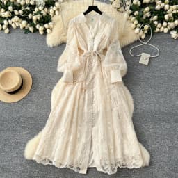 High-End Women's Dress Heavy Embroidery A-Line Long Skirt V-Neck Lantern Sleeve Single Button High Waist Korean Style Commute