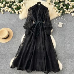 High-End Women's Dress Heavy Embroidery A-Line Long Skirt V-Neck Lantern Sleeve Single Button High Waist Korean Style Commute