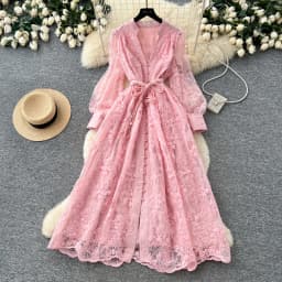 High-End Women's Dress Heavy Embroidery A-Line Long Skirt V-Neck Lantern Sleeve Single Button High Waist Korean Style Commute