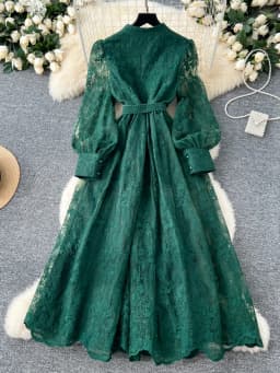 High-End Women's Dress Heavy Embroidery A-Line Long Skirt V-Neck Lantern Sleeve Single Button High Waist Korean Style Commute