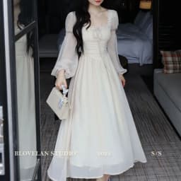 2026 French gentle long dress fairy temperament skirt waist square collar new high-end chiffon long-sleeved dress women