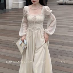 2026 French gentle long dress fairy temperament skirt waist square collar new high-end chiffon long-sleeved dress women