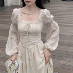 2026 French gentle long dress fairy temperament skirt waist square collar new high-end chiffon long-sleeved dress women