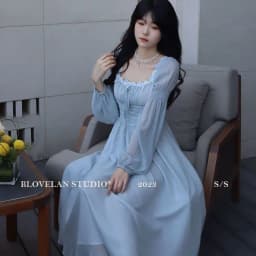 2026 French gentle long dress fairy temperament skirt waist square collar new high-end chiffon long-sleeved dress women