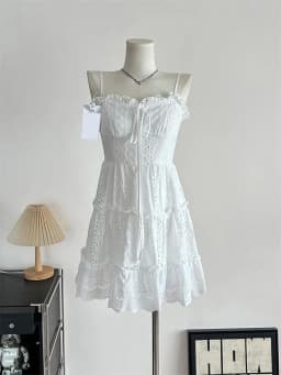 Korean Style V-Neck A-Line Dress Lace Trim Layering Hollow out Loose Fit Casual High Waist Polyester Fiber No Sleeve Dress