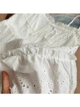 Korean Style V-Neck A-Line Dress Lace Trim Layering Hollow out Loose Fit Casual High Waist Polyester Fiber No Sleeve Dress