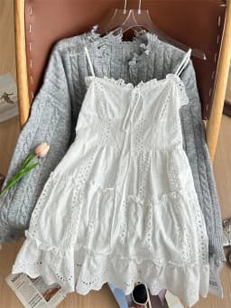 Korean Style V-Neck A-Line Dress Lace Trim Layering Hollow out Loose Fit Casual High Waist Polyester Fiber No Sleeve Dress