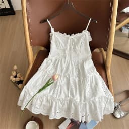 Korean Style V-Neck A-Line Dress Lace Trim Layering Hollow out Loose Fit Casual High Waist Polyester Fiber No Sleeve Dress