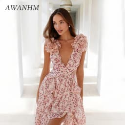 Summer Vacation Sexy Print Long Dress Deep V-Neck Backless Slim Fit Ruffled Floral Dress