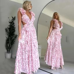 Summer Vacation Sexy Print Long Dress Deep V-Neck Backless Slim Fit Ruffled Floral Dress