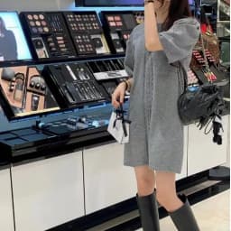 Retro Bubble Sleeve Knitted Short Dress Women Loose Sweater Dress round Neck Pullover Autumn New Style Comfortable Casual Dress