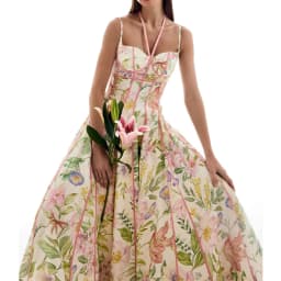 2026 Women's Boho Floral Print Halter Neck Maxi Dress Corset Bustier Pink Trim A-Line Flowy Summer Vacation Beach Dress
