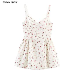 Sexy Beige With Red Floral Print V Collar Sling Mini Dress Women Backless Low Waist Ruched Swing Dresses Femme Vestidos Robe