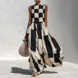 Sleeveless Black White Geometric Patchwork Print Party Dress Women Summer O Neck Loose Maxi Dress Elegant Holiday Ladies Dress