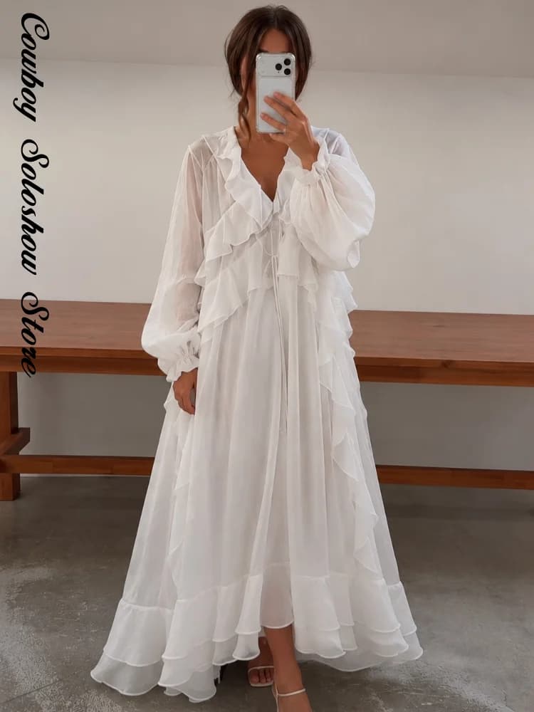 Elegant Ruffle Women's Dress Solid V Neck Full Lantern Sleeve Loose Long Casual Dresses New Street Beach Vacation Robe 2026