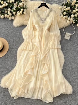 Spring Autumn Women Party Long Dress Elegant Female Red/Purple/Beige/Black Diamonds Patchwork Ruffle A-Line Maxi Vestidos New