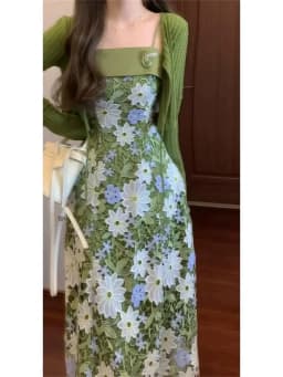 Mint Jasmine French Romantic Lace Hollow Green Strap Dress