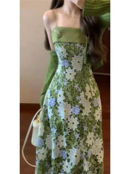 Mint Jasmine French Romantic Lace Hollow Green Strap Dress