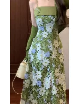 Mint Jasmine French Romantic Lace Hollow Green Strap Dress