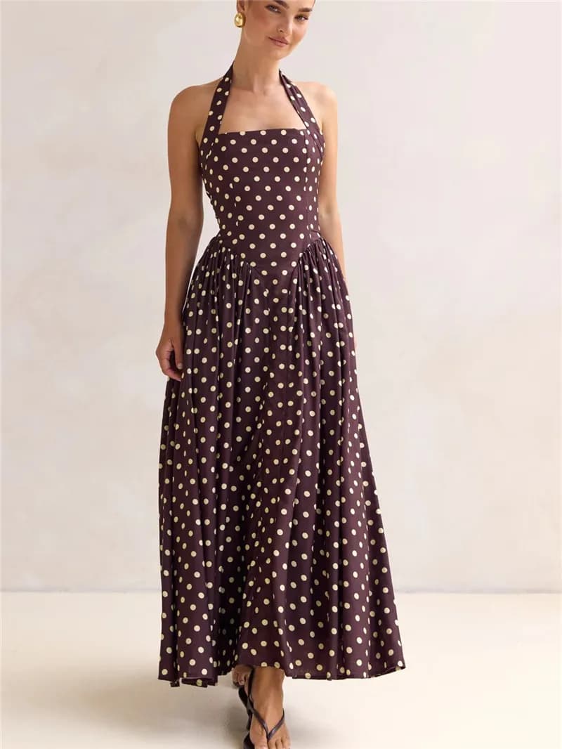 Polka Dot Halter Neck Maxi Dress Women's Summer Sleeveless Dress Beach Party Casual Going Out Dress Elegant A Line Fit Sundress