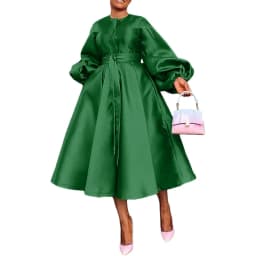 Satin Puff Sleeve Evening Dress for Women Pleated A-Line Round Neck Elegant Party Club Casual Solid Midi Dress with Belt 2025