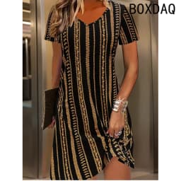 Women Dress Summer Short Sleeve O-Neck Casual Loose A-Line Dress Big Size 3XL Female 3D Striped Printing Elegant Vintage Dresses