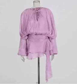 LGRQ 2026 New Summer Fashion Women Clothes Round Neck Lantern Sleeves Satin Short Dress With Shorts Under Two Pieces Set