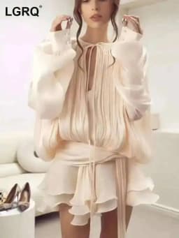 LGRQ 2026 New Summer Fashion Women Clothes Round Neck Lantern Sleeves Satin Short Dress With Shorts Under Two Pieces Set