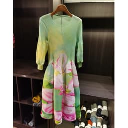 LANMREM Spring New Oil Painting Print Ruched Dress Women's Beach Vacation Platycodon French Long Dress Fairy Style