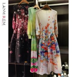 LANMREM Spring New Oil Painting Print Ruched Dress Women's Beach Vacation Platycodon French Long Dress Fairy Style