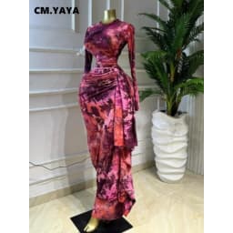 CM.YAYA Women Print O-neck Ruched Ribbon Bodycon Long Dress 2026 Spring Street Evening Birthday Club Party Vestidos Sexy Dresses