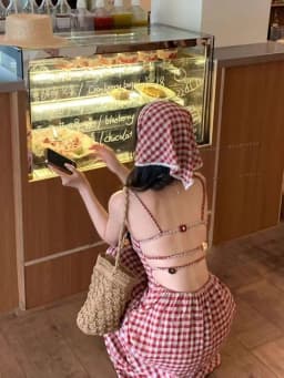 Summer Vacation Style Backless Red Plaid Strap Dress Sweet Waist Cinching V-Neck Long Dress A-Line Silhouette High Waist