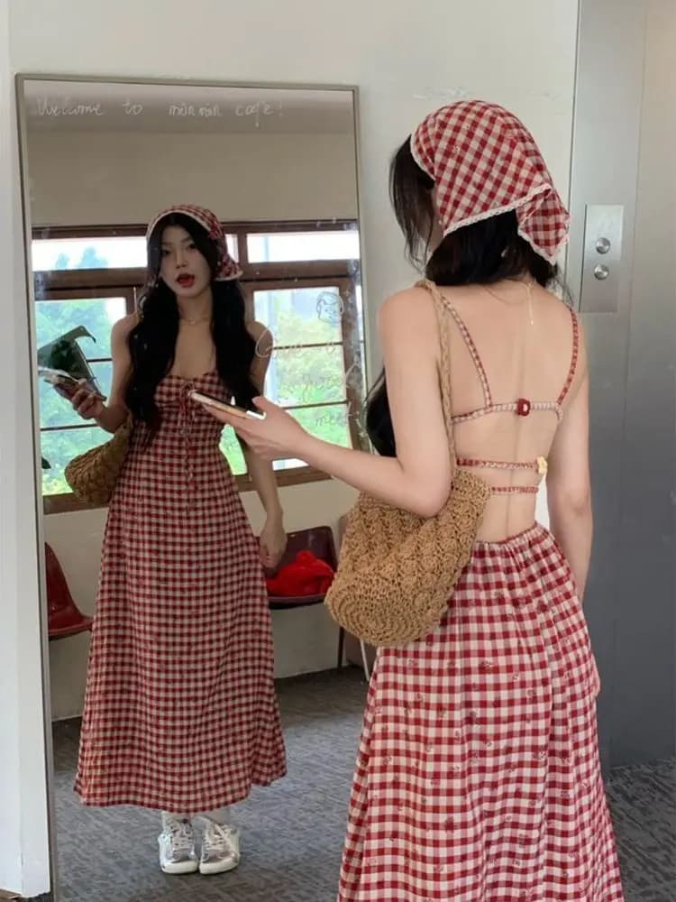 Summer Vacation Style Backless Red Plaid Strap Dress Sweet Waist Cinching V-Neck Long Dress A-Line Silhouette High Waist