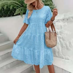 Women's White Eyelet Embroidery Midi Dress Hollow-out Boho Flowy Ruffle Tiered Dress Casual Short Sleeve Summer Beach Dresses