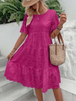 Women's White Eyelet Embroidery Midi Dress Hollow-out Boho Flowy Ruffle Tiered Dress Casual Short Sleeve Summer Beach Dresses