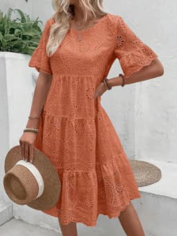 Women's White Eyelet Embroidery Midi Dress Hollow-out Boho Flowy Ruffle Tiered Dress Casual Short Sleeve Summer Beach Dresses