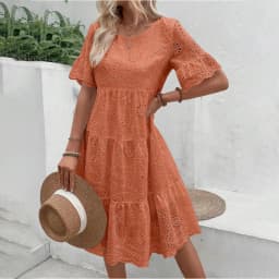 Women's White Eyelet Embroidery Midi Dress Hollow-out Boho Flowy Ruffle Tiered Dress Casual Short Sleeve Summer Beach Dresses