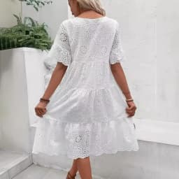 Women's White Eyelet Embroidery Midi Dress Hollow-out Boho Flowy Ruffle Tiered Dress Casual Short Sleeve Summer Beach Dresses