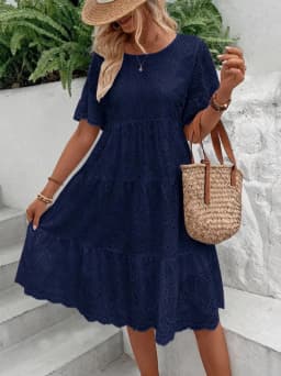 Women's White Eyelet Embroidery Midi Dress Hollow-out Boho Flowy Ruffle Tiered Dress Casual Short Sleeve Summer Beach Dresses