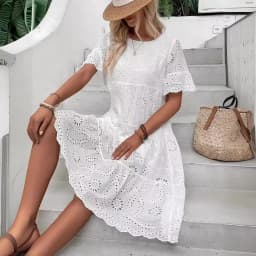 Women's White Eyelet Embroidery Midi Dress Hollow-out Boho Flowy Ruffle Tiered Dress Casual Short Sleeve Summer Beach Dresses