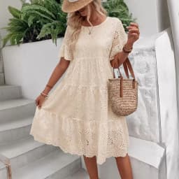 Women's White Eyelet Embroidery Midi Dress Hollow-out Boho Flowy Ruffle Tiered Dress Casual Short Sleeve Summer Beach Dresses