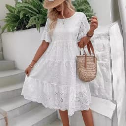 Women's White Eyelet Embroidery Midi Dress Hollow-out Boho Flowy Ruffle Tiered Dress Casual Short Sleeve Summer Beach Dresses
